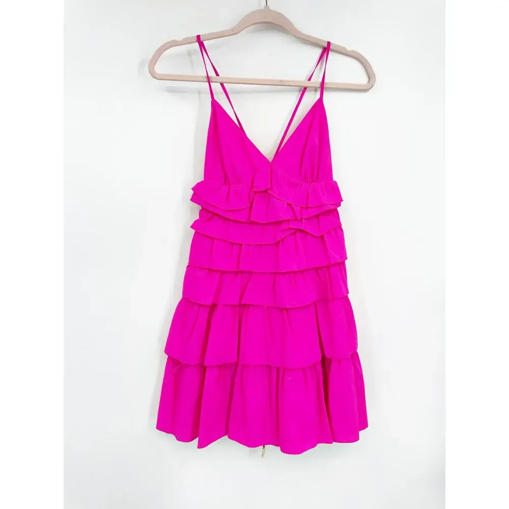 STAUD Rylie Tiered Ruffle Dress Hot Pink Tiered Size S - Picture 2 of 5